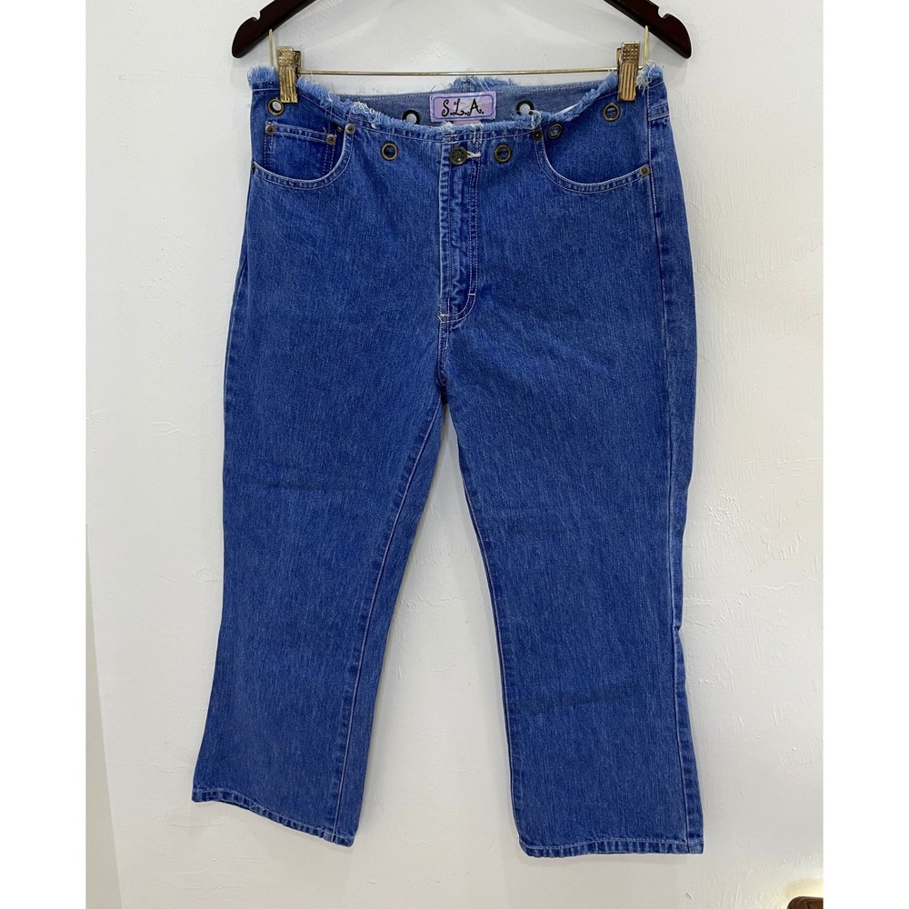 S.L.A. Grommet Waist Cropped Jeans Womens 7/8 Blue Good Frayed Raw Hem Denim